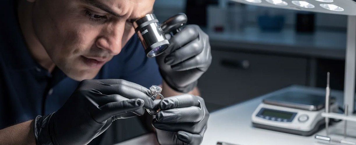 Gemologist examining a ring to set insurance value vs resale value