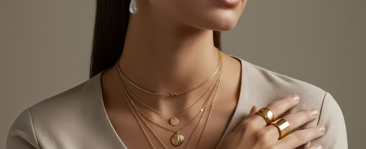 Layered gold necklaces and rings, each with its own melt value of gold