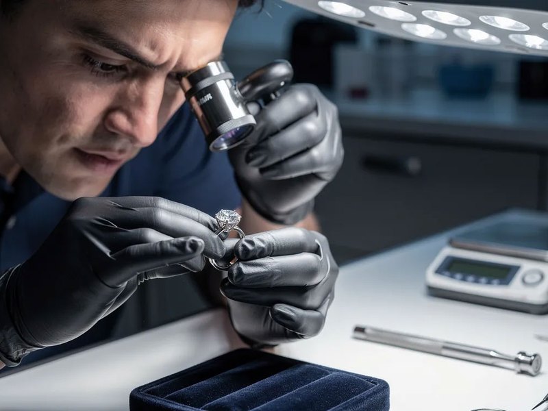 Gemologist appraising a ring at the best jewelry store in Boca Raton, David Stern Jewelers