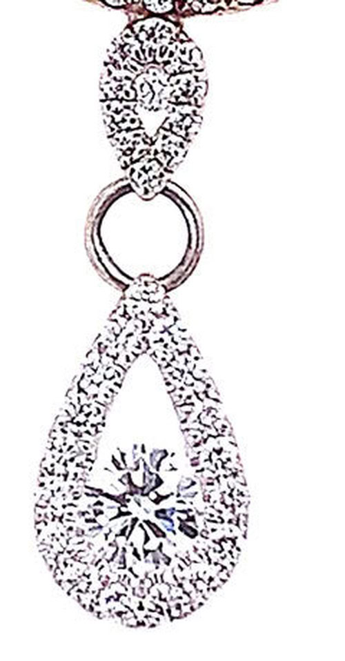 Open teardrop pendant detail: pave diamond teardrop frame with a round center diamond, hanging from a pave pear-shaped bail