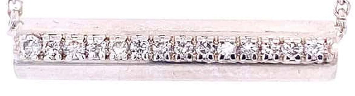 Horizontal bar necklace detail: fourteen round diamonds in shared prongs along a satin-finished white gold bar