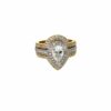 The 1.05 ct pear brilliant diamond in its double halo on a banded gold shank, the opening frame of its 360 degree video