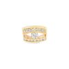 Wide band engagement ring: 0.70 ct round diamond between two curving channel-set rows of diamonds in 14kt yellow gold