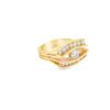 The wide band engagement ring from the opposite angle, showing the sweep of the channel-set diamonds around the centre stone