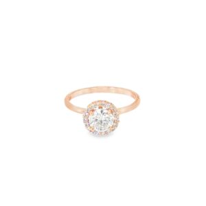 Rose gold halo engagement ring seen head on: a 0.85 ct round diamond ringed by a halo of small diamonds on a thin 14kt rose gold band