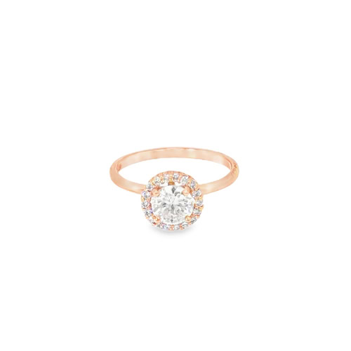 Rose gold halo engagement ring seen head on: a 0.85 ct round diamond ringed by a halo of small diamonds on a thin 14kt rose gold band